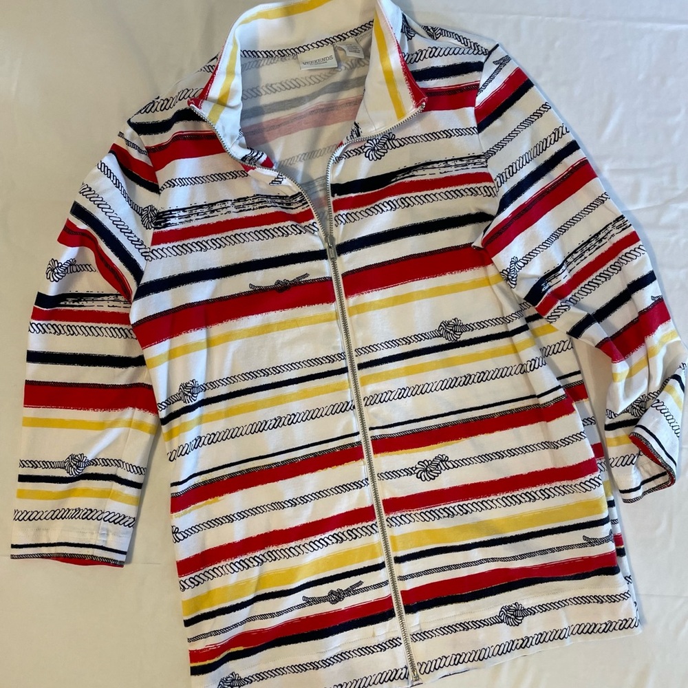 Chico's Nautical Stripe Zip-Up Jacket in White, Red, Yellow, Navy